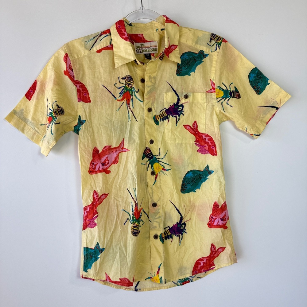 Patagonia Malihini Pataloha Shirt Mens XXS Vela Sea Harvest Fish Lobster Shrimp